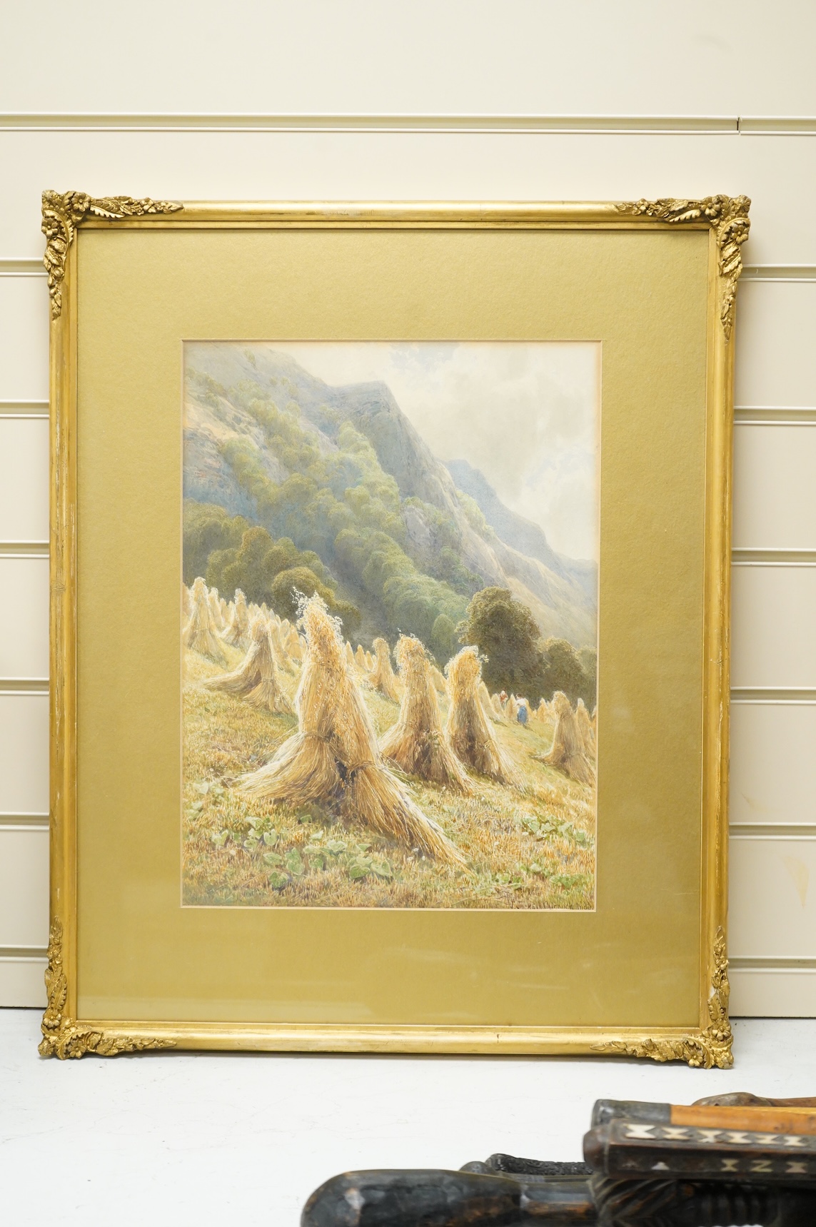 Jackson Curnock (1839-1831), Hay Ricks on a hillside, signed and dated 1880, various ink annotations verso, watercolour, 39 x 28cm